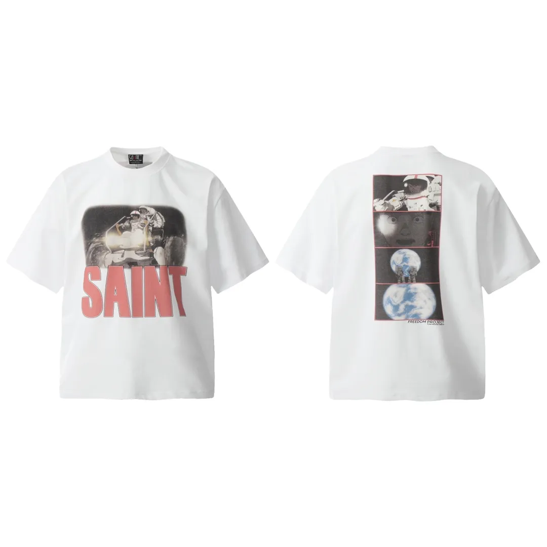 VT9236 P130💰 Saint Michael x FREEDOM comic vintage retro distressed short sleeves Small neckline design White ink digital direct printing High street retro heavy distressed washed Vintage short sleeves Size: S M L XL